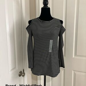 Wishful Park Black & White Striped Cold-Shoulder Long Sleeve Top
